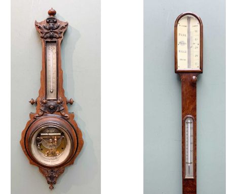 19TH CENTURY STICK BAROMETER, 'PILLISCHER, LONDON', with mercury thermometer and ivorine vernier scale, 89cms high, together 