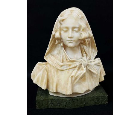 ITALIAN ALABASTER BUST OF A GIRL, c. 1900, wearing chiffon scarf, signed verso, on grey marble base, indistinctly signed, 33c