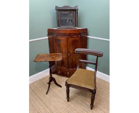 FOUR PIECES OF OCCASIONAL FURNITURE including a Georgian mahogany bow-front cupboard with frieze drawer flanked by two false,