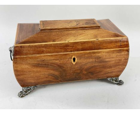 REGENCY MAHOGANY &amp; TULIPWOOD CROSS-BANDED &amp; BOX-WOOD STRUNG TEA CADDY, sarcophagus form with fitted interior, and pre