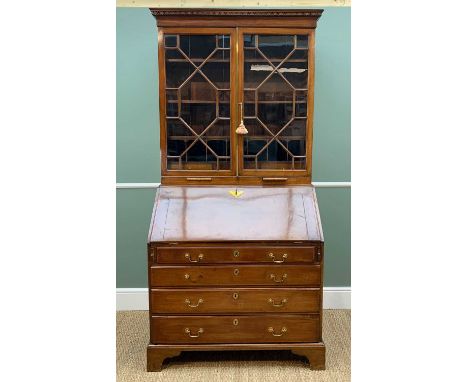 GEORGE III MAHOGANY BUREAU BOOKCASE, dentil cornice, astragal doors, adjustable shelves above pigeon holes and small drawers,