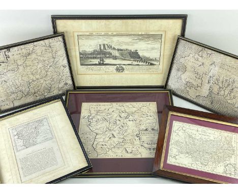 GROUP OF FIVE ANTIQUE ENGRAVED UNCOLOURED WELSH COUNTY MAPS & S & N BUCK PRINT, 17th / 18th Century, all framed, including Th