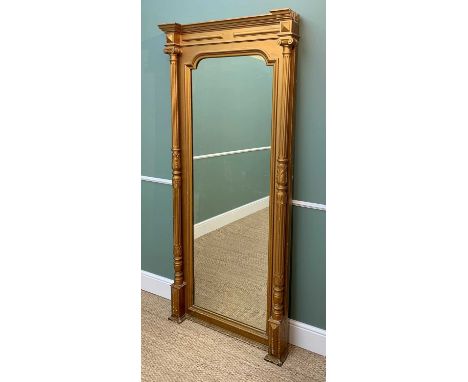 VICTORIAN-STYLE GILT WOOD & GESSO PIER MIRROR, architectural form with fluted columns and tablet base, 206 x 87cmsComments: s