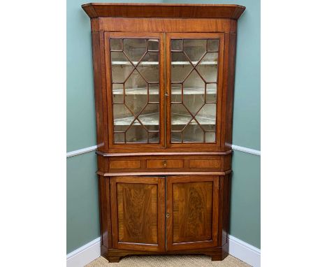 EARLY 19TH CENTURY WELSH MAHOGANY STANDING CORNER CABINET, angled cornice, astragal glazed doors, single frieze drawer, cupbo