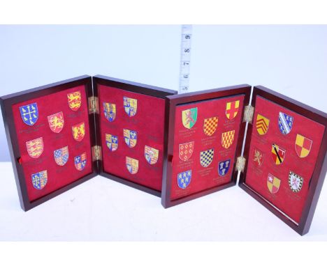 Two cased sets of Heraldic enamel shield (missing one shield) 