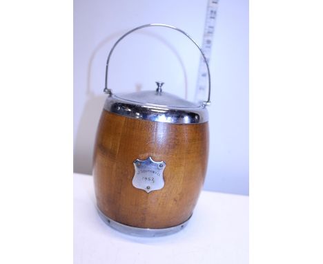 A vintage oak and chrome biscuit barrel 