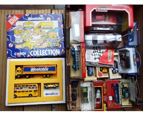 A box of mint diecast model motor vehicles to include Corgi Weetabix collection boxed set, Burago, Matchbox, Oxford, Solido a