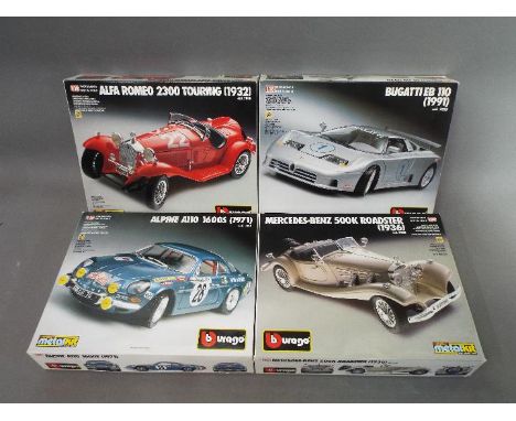 Bburago - Four 1:18 scale diecast model kits by Bburago. lot consists of #7035 Bugatti EB 110; #7008 Alfa Romeo 2300; #7020 M