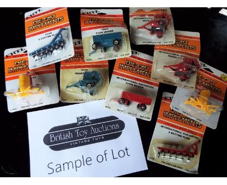 ERTL - approximately 24 diecast 1:64 scale model farm implements, wagons, bottom plows (ploughs), harvesters, tillage plows, 