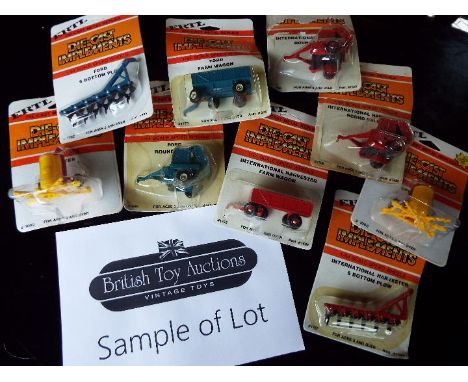 ERTL - approximately 24 diecast 1:64 scale model farm implements, wagons, bottom plows (ploughs), harvesters, tillage plows, 