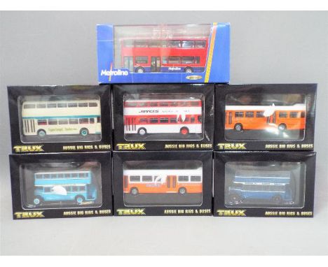 Trux, CMN - Seven 1:76 scale diecast model buses. Lot includes Trux TX11 1972 Leyland National 11.3; TX10 1961 Leyland Atlant