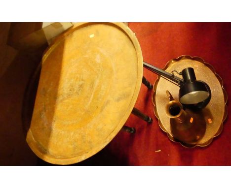 A brass topped Benares table, hammered copper tray copper jug, and an angle poise lamp (4)Extra images