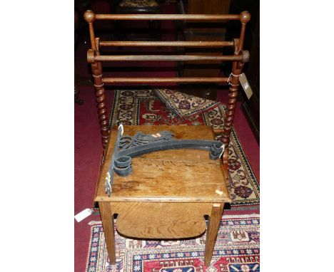 A 19th century provincial oak hinge topped commode stool; together with a Victorian turned mahogany towel rail; and three var