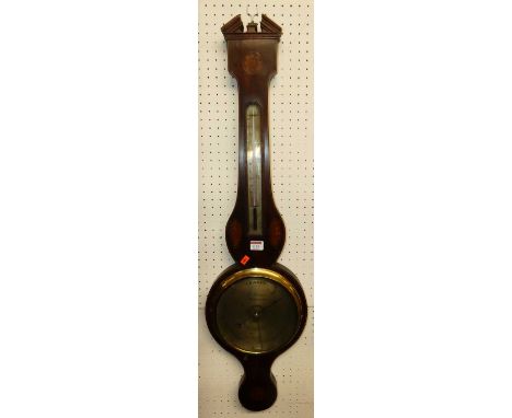 A 19th century mahogany and satinwood inlaid two dial wheel barometer, the dial signed W. Adamos Monmouth