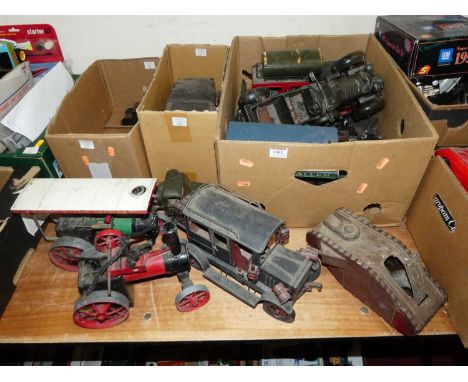 Three boxes of mixed models to include Mamod steam traction engine, one other, a home made steam roller, and various metal ve