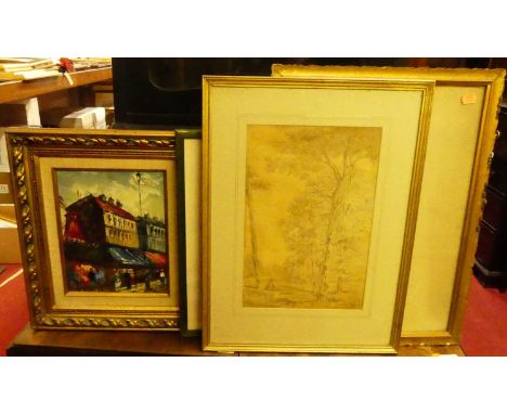 Assorted pictures and prints to include pencil sketch, modern palette knife, oil etc (4)
