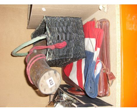 A vintage wicker basket ,union jack flag a large cow horn flask and a leather breifcase.