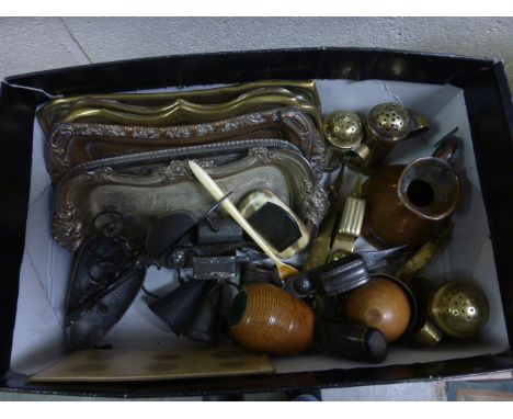 Mixed lot including 19th century Horn Snuff Box, Barrel Vesta Case Candle Snuffer Scissors and Trays, Three 19th century Bras