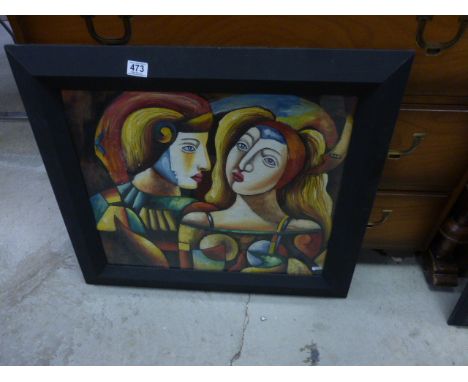 Modern School Framed Oil Painting Portrait Masquerade Figures