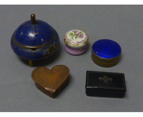 Georgian Very Small Papier Mache Snuff Box, Small Heart Shaped Box, Brass Patch Box with Blue Enamel Lid, Small Halcyon Days 