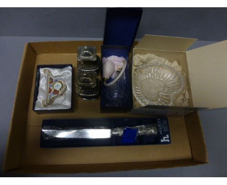 Boxed Royal Crown Derby Small Desk Clock, Boxed Stuart Crystal Bowl and an Atomiser, Cake Knife and Silver Plated Salt and Pe