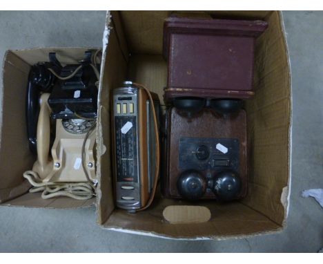 Two mid 20th century telephones, a pair of wooden cased bell telephone extensions and a vintage bush radio.