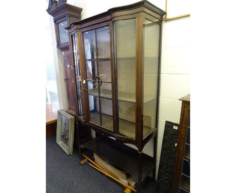 An Edwardian display cabinet with a single glazed door, with two serpentine windows and single shelf below  