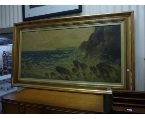 A large early 20th century oil on canvas seascape waves breaking on rocks, signed  and dated G Watson 1900.