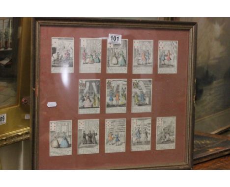 Framed and Glazed Suit of 13 Playing Cards each decorated with satirical cartoons related to the South Sea Bubble of 1720-172