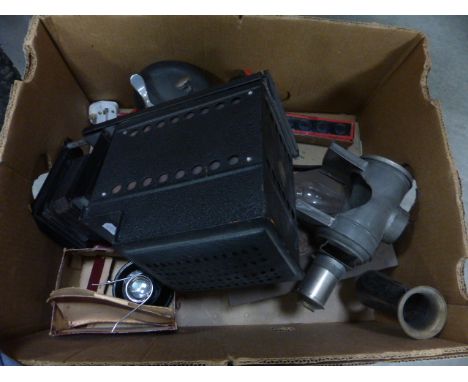 Three vintage magic lanterns with slides - one large mains powered electric with modern cable (untested), one battery powered
