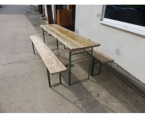 Vintage Industrial / Festival Trestle Table and Two Bench Set with Pine Tops and Folding Metal Legs, German made