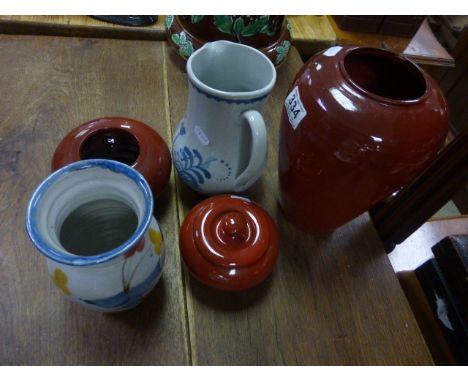 Corsican Red Glazed Pottery Vase and Two Matching Pots (one with lid) with label to base A. Cirriola, Sagone together with a 