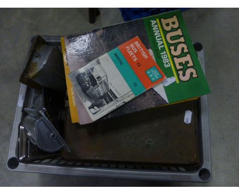 A Setright bus ticket machine stamped BT714 serial no 33656 together with vintage bus fittings and three bus books.