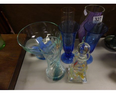 Caithness Glass Bowl, Three Caithness Glass Vases, Pair of Villeroy & Boch Blue Glass Vases and a Small Italian Glass Decante