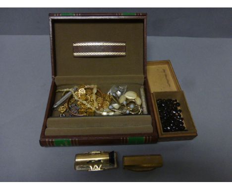 Small Tunbridgeware Box with beads, Two Vintage Lipstick Holders and Jewellery Box with Costume Jewellery