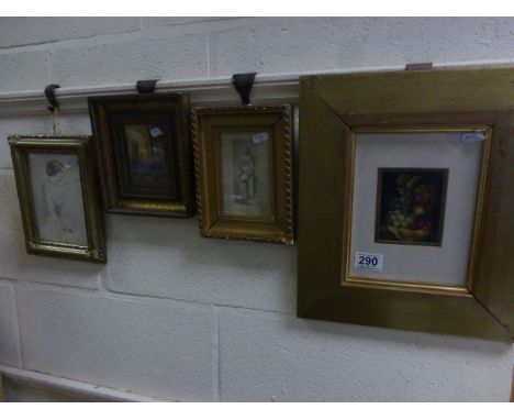 Selection of Miniature Pictures, Oil, Watercolour, etc Portrait of Christ, Fruit Oil, Landscape and Lady