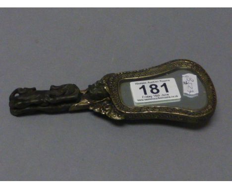 Oriental hand mirror white metal back decorated with embossed Birds of Paradise and a dragon with jade handle (?)