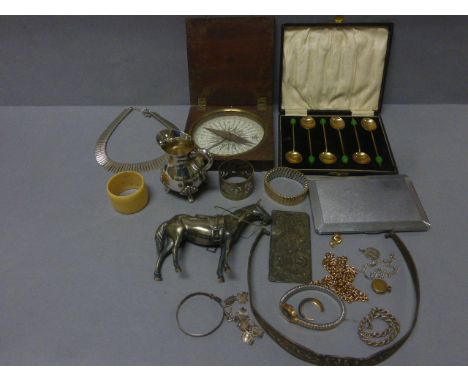 Mixed Lot comprising Various Silver Plate, Replica Compass, Cased Coffee Bean Spoons, Jewellery, etc