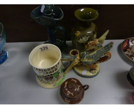 Crown Devon Fieldings Widdicombe Fair Mug, Doulton Lambeth Mustard Jar and a Vase, Pottery Dragon Candlestick and another Pot