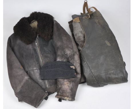 WW2 German Luftwaffe Flight Suit Grouping, consisting of two piece flight suit, being the wool lined suede flying jacket with