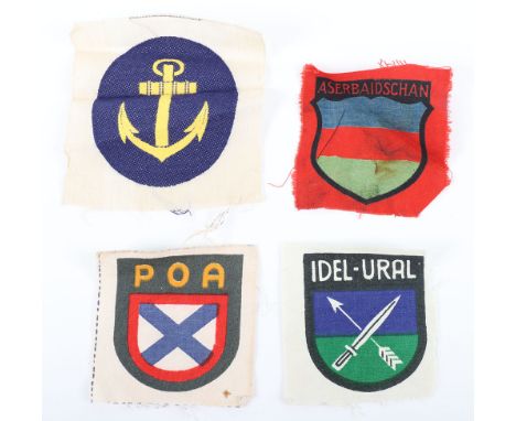 3x WW2 German Foreign Volunteer Printed Arm Shields, for Aserbaidschan, Idel-Ural and POA (Russian Liberation Army). Accompan