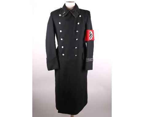 Third Reich Allgemeine-SS Overcoat, fine example of a black wool double breasted overcoat with silver and black fleck piped c