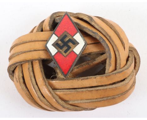 Third Reich Hitler Youth Scarf Toggle Knot, brown leather toggle knot as worn with the black scarf. Enamel HJ diamond to the 