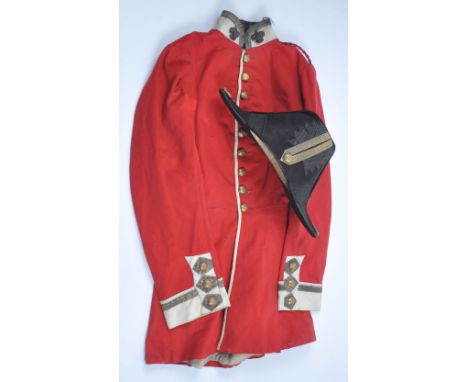 Victorian Irish 27th (Inniskilling) Regiment of Foot Tunic and Cocked Hat, interesting example of the early scarlet 1855 patt