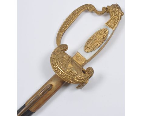 Imperial German Bavarian Court Sword, fine example of an Imperial German court sword with gilt lion head pommel, mother of pe