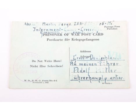 Interesting Prisoner of War Post Card Sent to Adolf Hitler from an American Prisoner of War Camp, fine printed POW postcard i