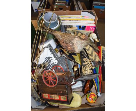 ONE BOX VARIOUS ORNAMENTS, ORDNANCE SURVEY MAPS, HOUSEHOLD SUNDRIES ETC