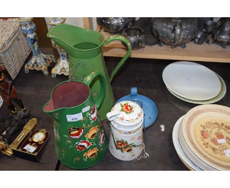 MIXED LOT : BARGEWARE PAINTED JUGS, MILK CONTAINER AND A CHAMBER STICK (4)