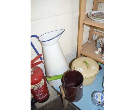 LARGE ENAMEL JUG, ENAMEL SAUCEPAN AND AN ENAMEL PAIL (3)