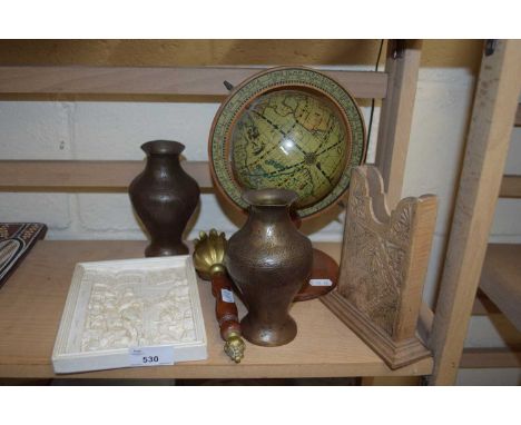 MIXED LOT MINIATURE GLOBE, BRASS VASES, PLASTERWORK WALL PLAQUE ETC